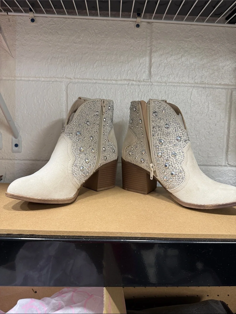 Sugar Cream Suede Crystal-Embellished Ankle Booties